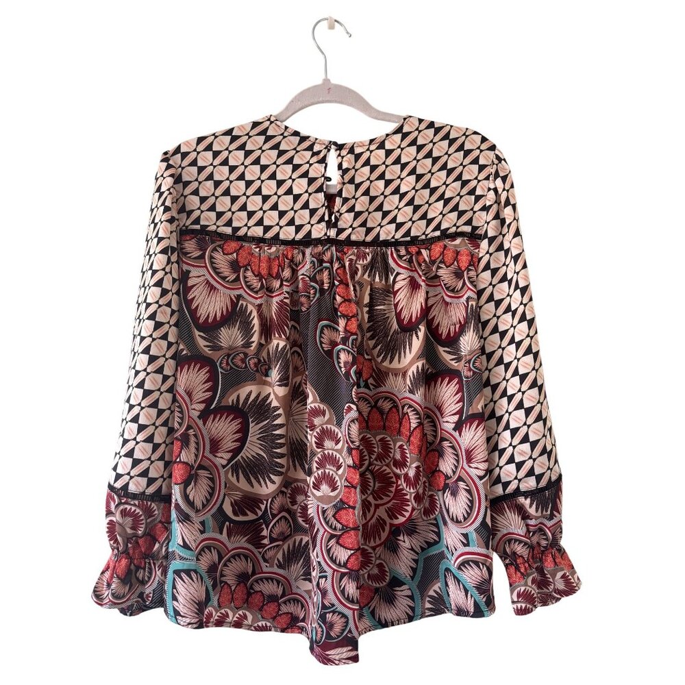 Fate Womens Boho Mix Media Balloon Sleeve Silky Blouse Size L - Picture 13 of 13